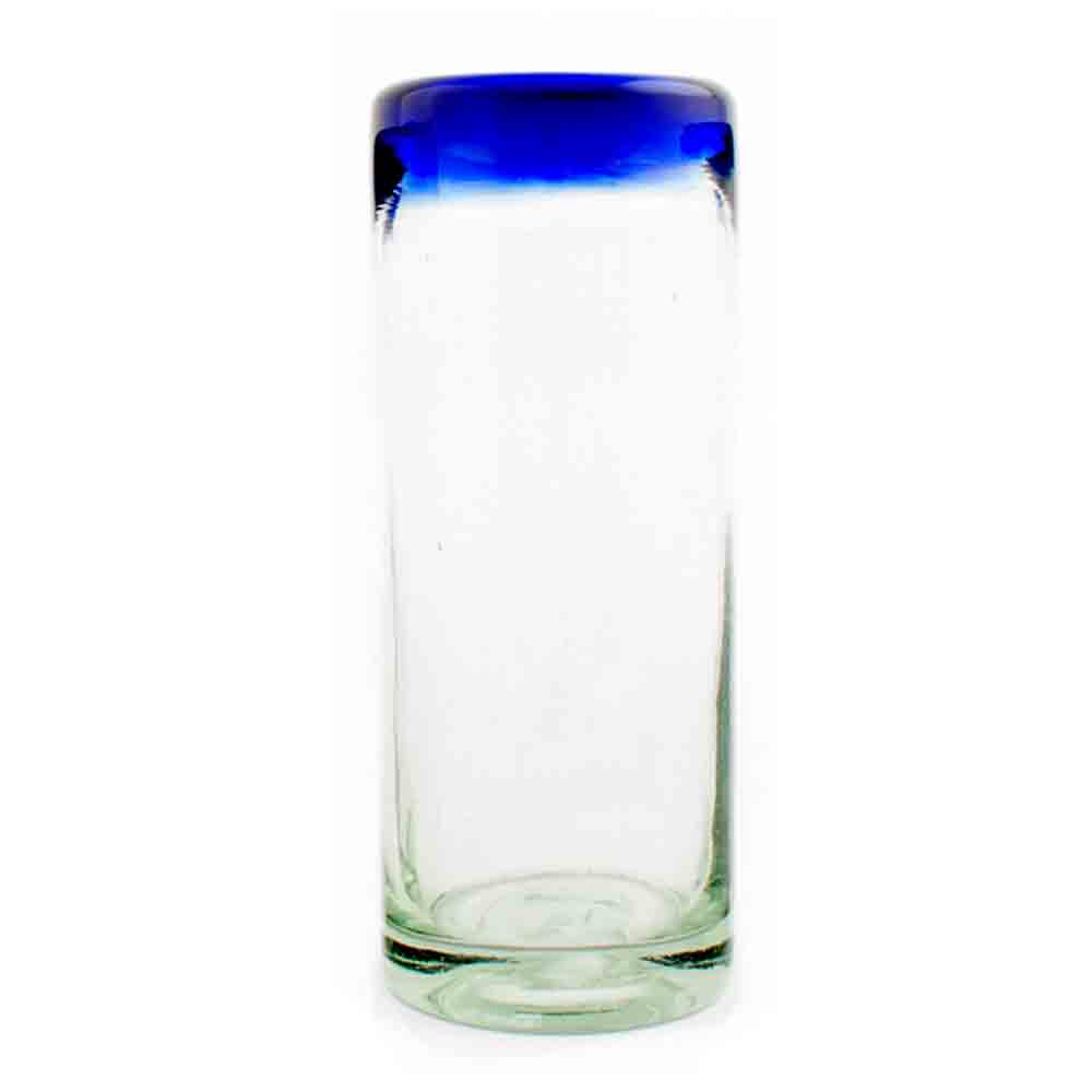 Clear straight tumbler with a blue rim